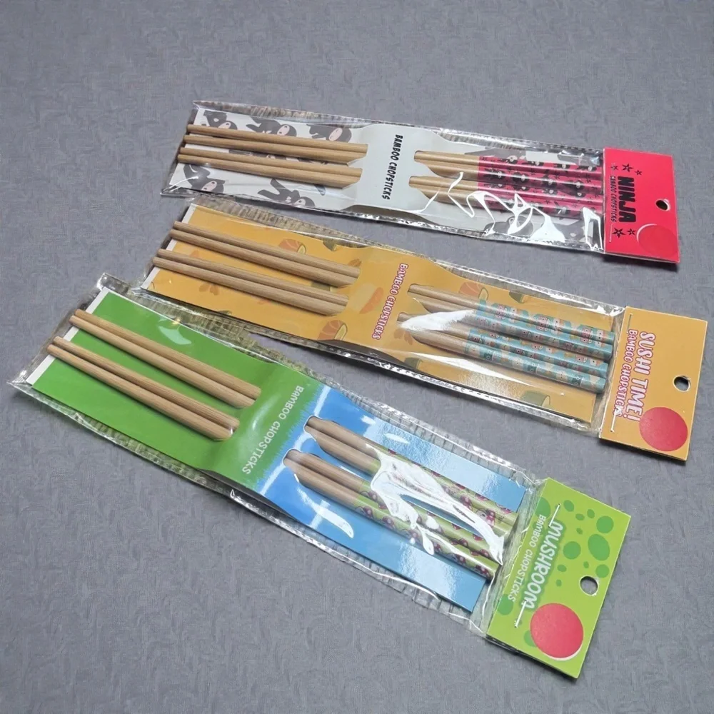 Set of 3 Bamboo Chopsticks, NWT Cute Sushi, Ninja & Mushroom Designs, Reusable